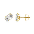 Pair of yellow gold stud earrings with elongated radiant-cut clear gemstones framed by a halo of round diamonds. One earring is shown face-up to highlight the sparkling centre stone, while the other is displayed from the side, revealing the basket setting and threaded screw-back post with a matching gold backing, all set against a white background.