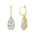 A pair of gold leverback earrings with pear-cut clear gemstones surrounded by small accent stones, shown on a plain white background.