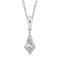 A silver pendant necklace featuring a clear, faceted diamond-cut gemstone surrounded by small accent stones, suspended from a silver chain on a plain white background.