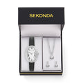 Sekonda Womens Bellamy White Dial Black Leather Bracelet 23mm Watch Gift Set