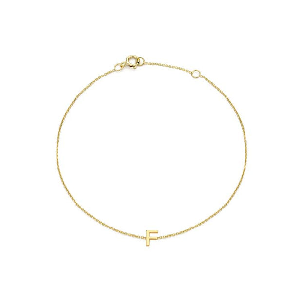 9K Yellow Gold Mini Initial 'F' Bracelet 15.5-19cm | The Jewellery Boutique