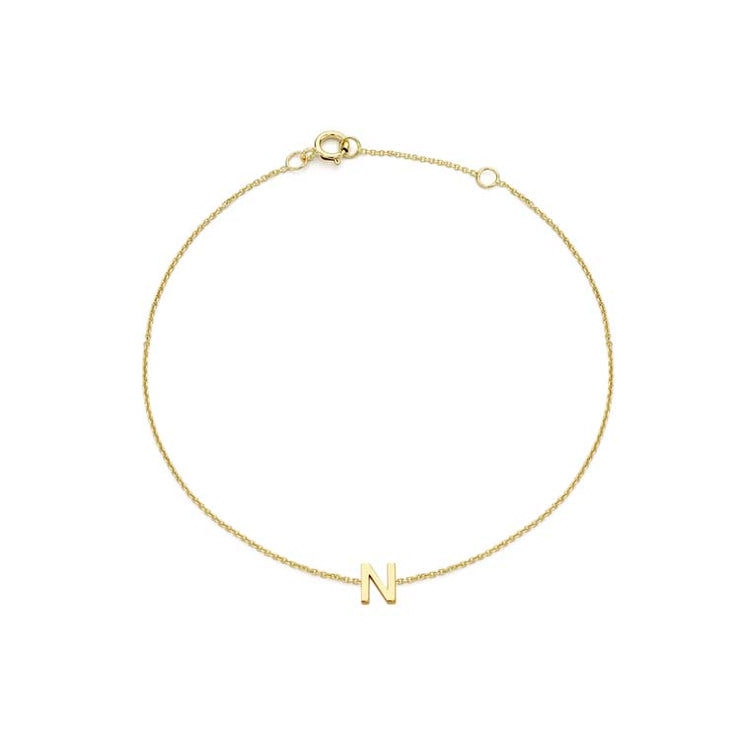 9K Yellow Gold Mini Initial 'N' Bracelet 15.5-19cm | The Jewellery Boutique