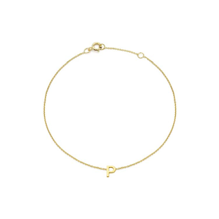 9K Yellow Gold Mini Initial 'P' Bracelet 15.5-19cm | The Jewellery Boutique