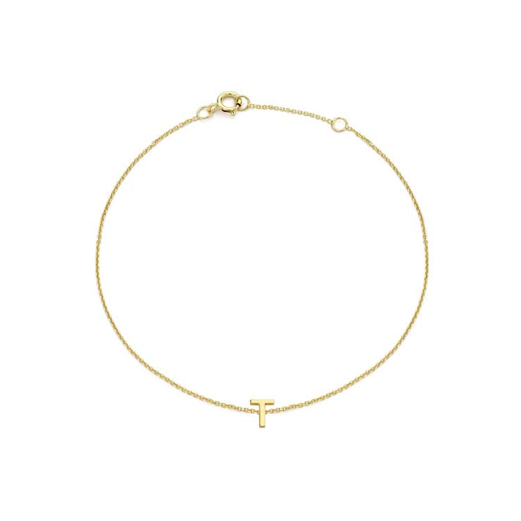 9K Yellow Gold Mini Initial 'T' Bracelet 15.5-19cm | The Jewellery Boutique