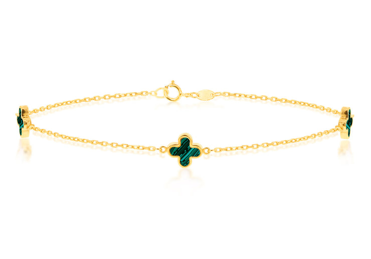 9K Yellow Gold 3 Malachite Petal Bracelet 19 cm