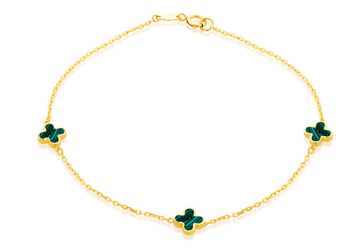 9K Yellow Gold 3 Malachite Petal Bracelet 19 cm