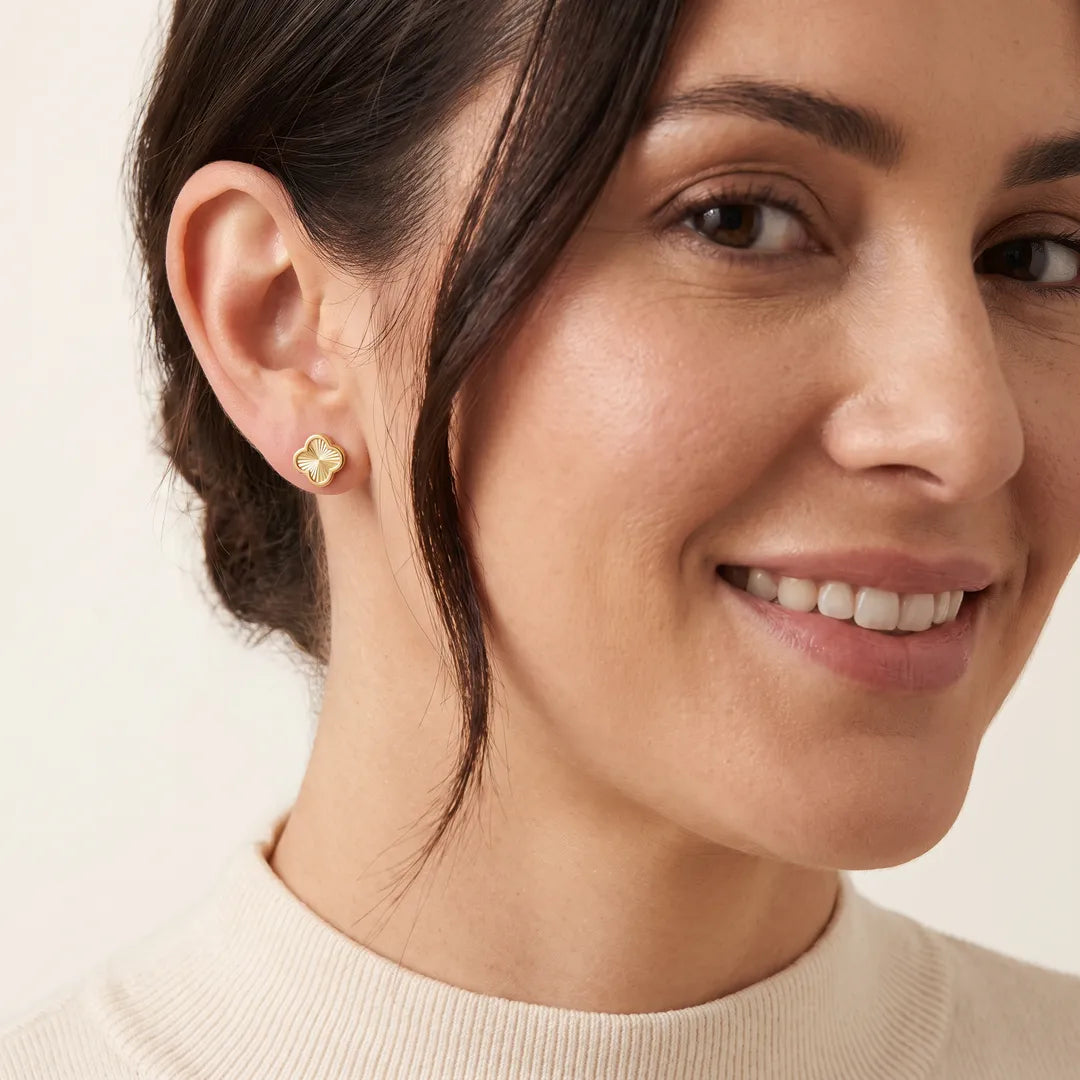 Model wearing 9K Yellow Gold Rainbow Petal Stud Earrings