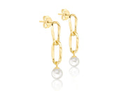 9K Yellow Gold Double Link Freshwater Pearl Drop Earrings