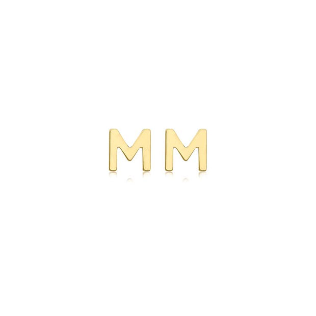 9K Yellow Gold Mini Initial 'M' Stud Earrings | The Jewellery Boutique