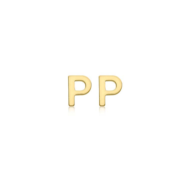 9K Yellow Gold Mini Initial 'P' Stud Earrings | The Jewellery Boutique