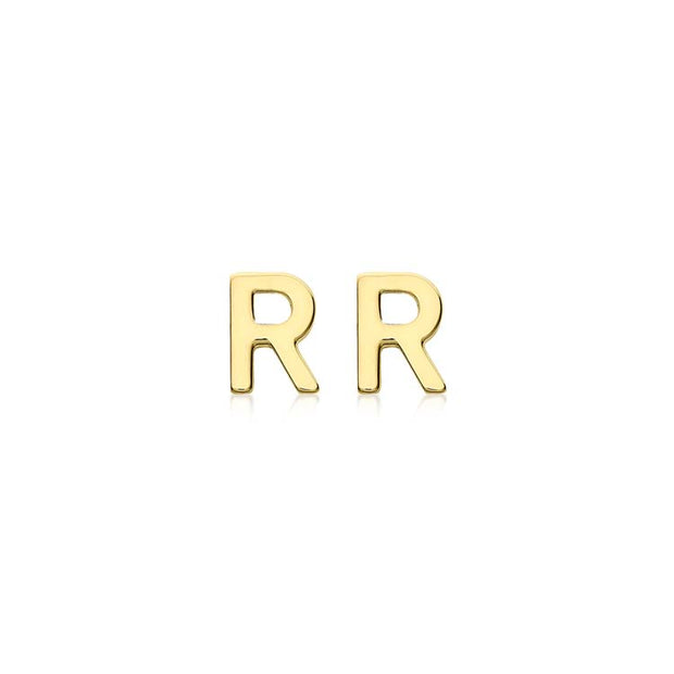 9K Yellow Gold Mini Initial 'R' Stud Earrings | The Jewellery Boutique