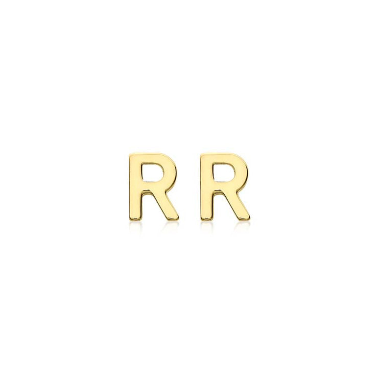 9K Yellow Gold Mini Initial 'R' Stud Earrings | The Jewellery Boutique