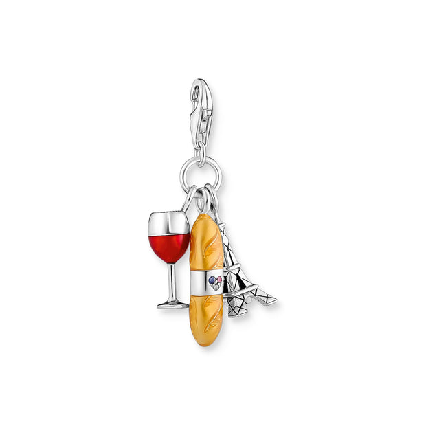 THOMAS SABO Charm Pendant with Red Wine Glass, Eiffel Tower & Baguette