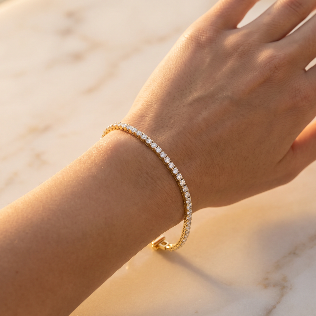 Diamond Tennis Bracelet with 2.00ct Diamonds in 9K Yellow Gold worn on wrist