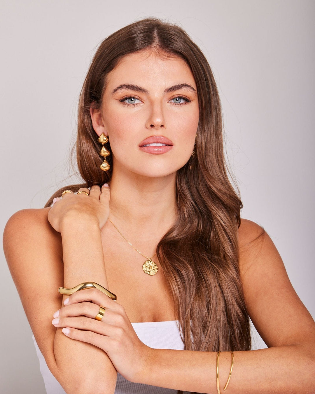 Drift Shell Drop Stud Earrings, close-up detail — Zoe Olivia