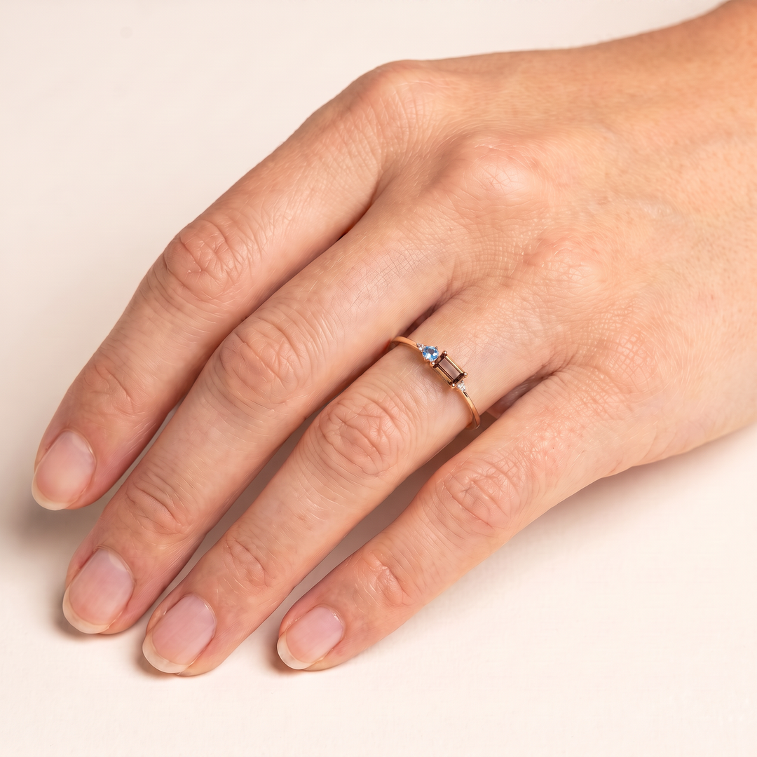 Diamond, Smoky Quartz, Blue Topaz Ring with 0.02ct Diamond in 9K Yellow Gold worn on hand