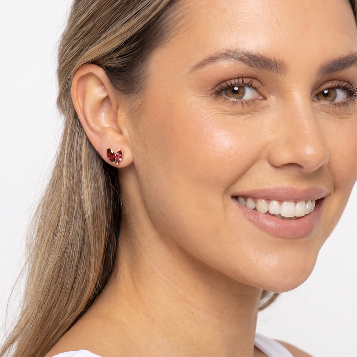 Model wearing Garnet and Pink Tourmaline Earrings in 9K Yellow Gold - The Jewellery Boutique Australia