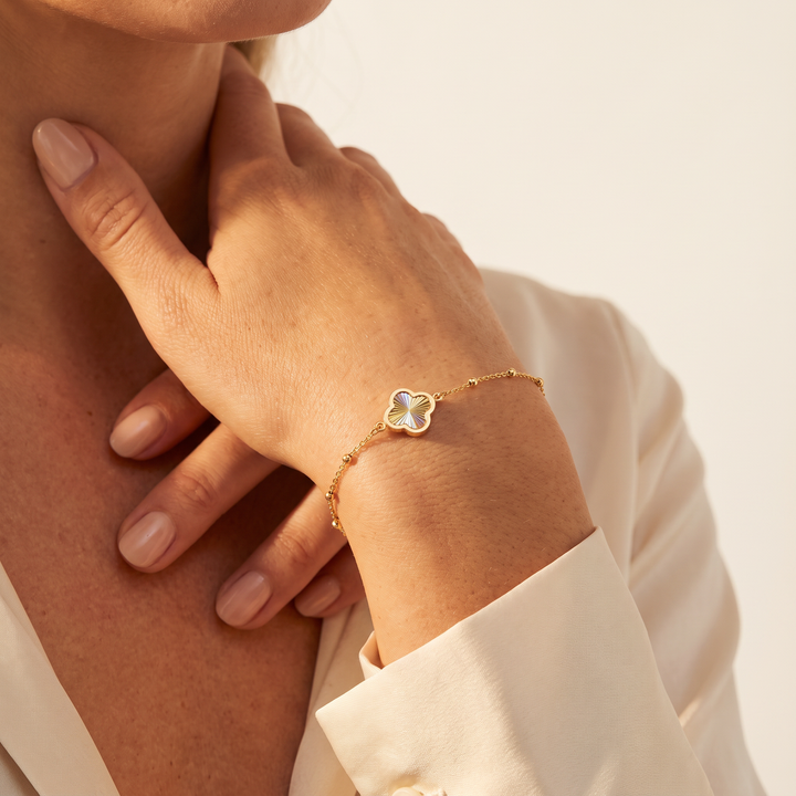 9K Yellow Gold Rainbow Petal Bracelet worn on wrist
