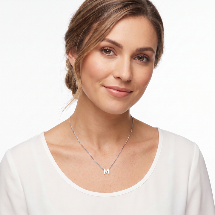 9K White Gold 'M' Initial Adjustable Letter Necklace worn on model
