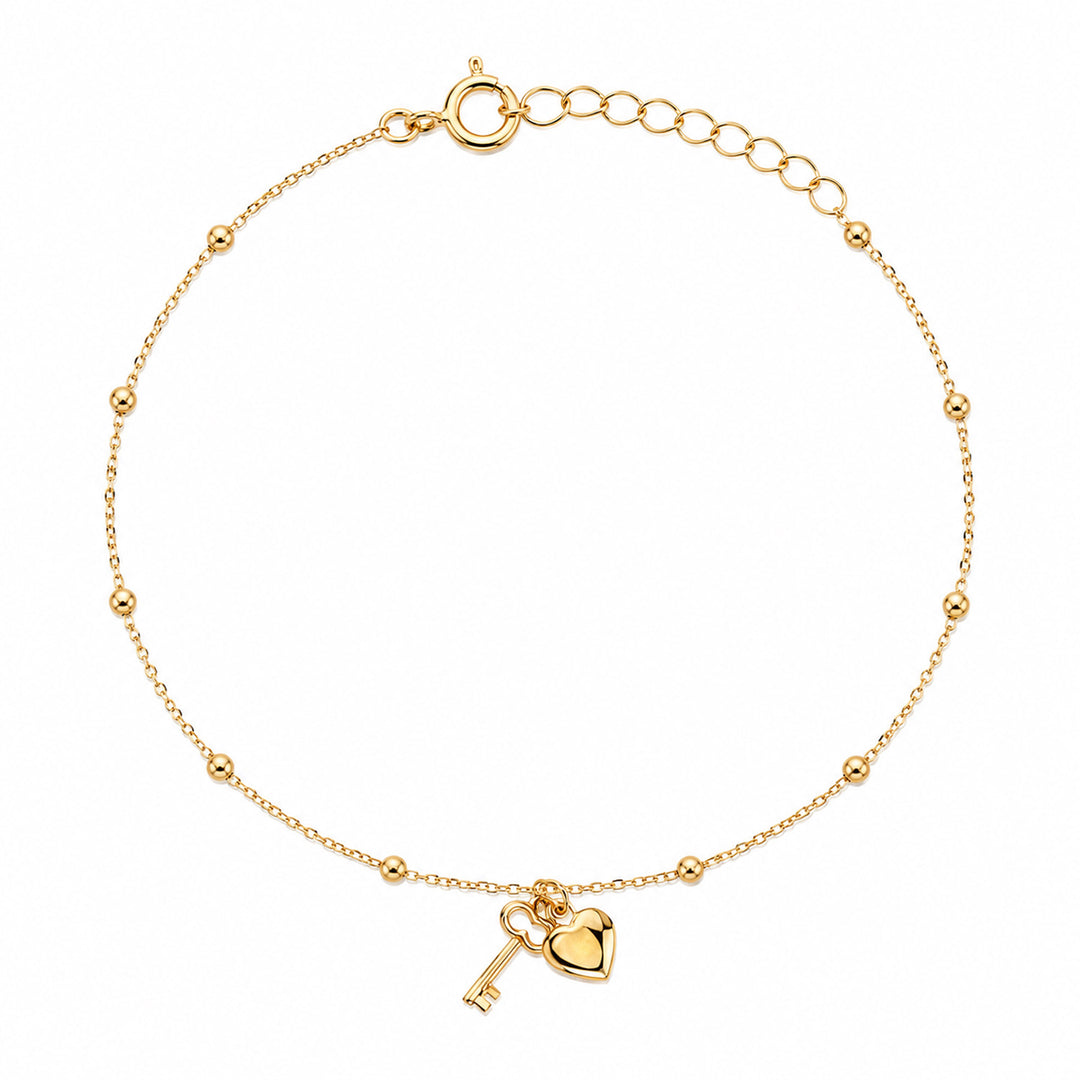 9K Yellow Gold Heart & Key Ball Chain Bracelet 17-19cm