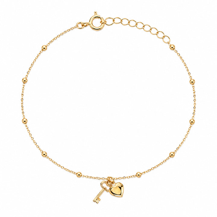 9K Yellow Gold Heart & Key Ball Chain Bracelet 17-19cm