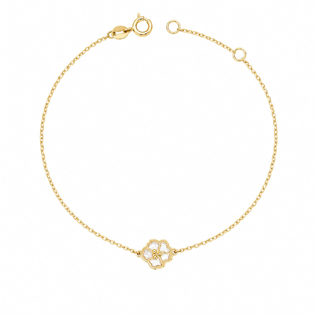 9K Yellow Gold Mother of Pearl Flower Bracelet 17-19cm