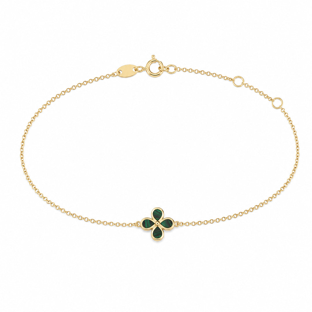 9K Yellow Gold Malachite Clover Bracelet 17-19cm