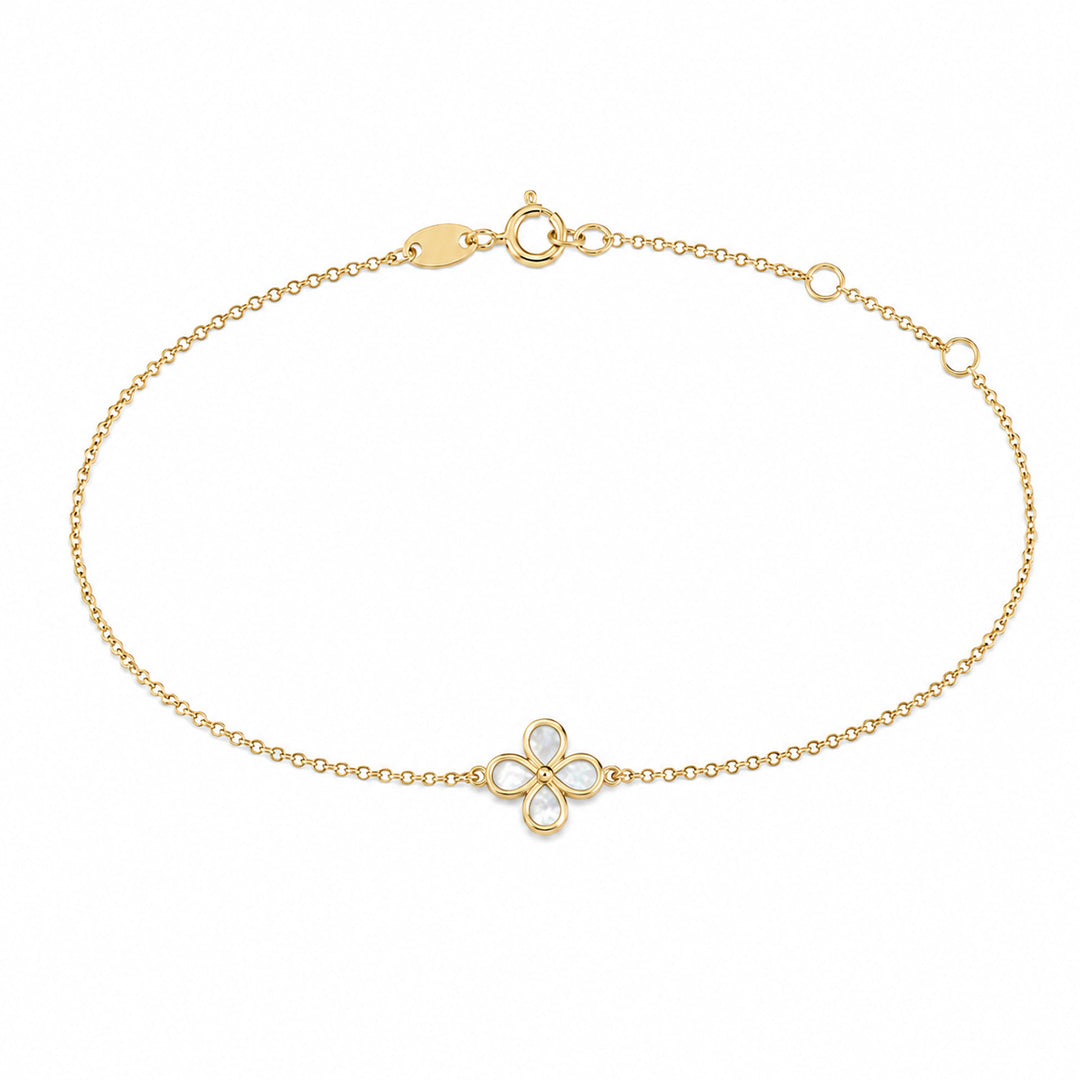 9K Yellow Gold Mother of Pearl Clover Bracelet 17-19cm