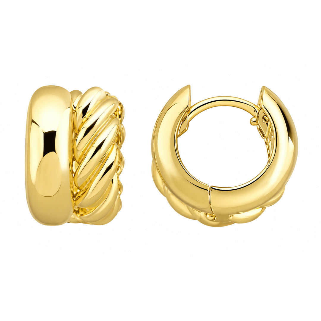 9K Yellow Gold Texture & Plain 2 Row Huggie Earrings