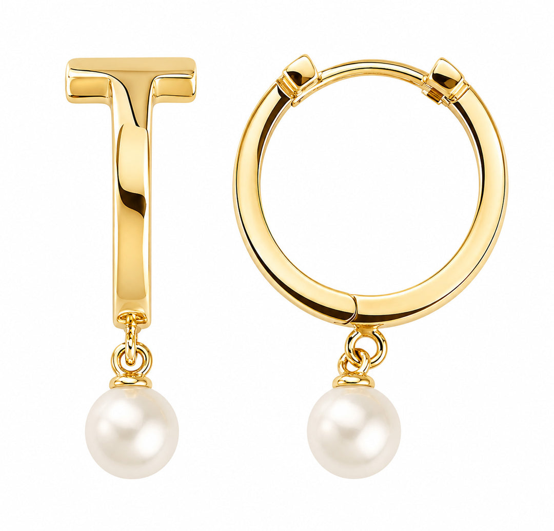 9K Yellow Gold Freshwater Pearl Drop Huggie Earrings