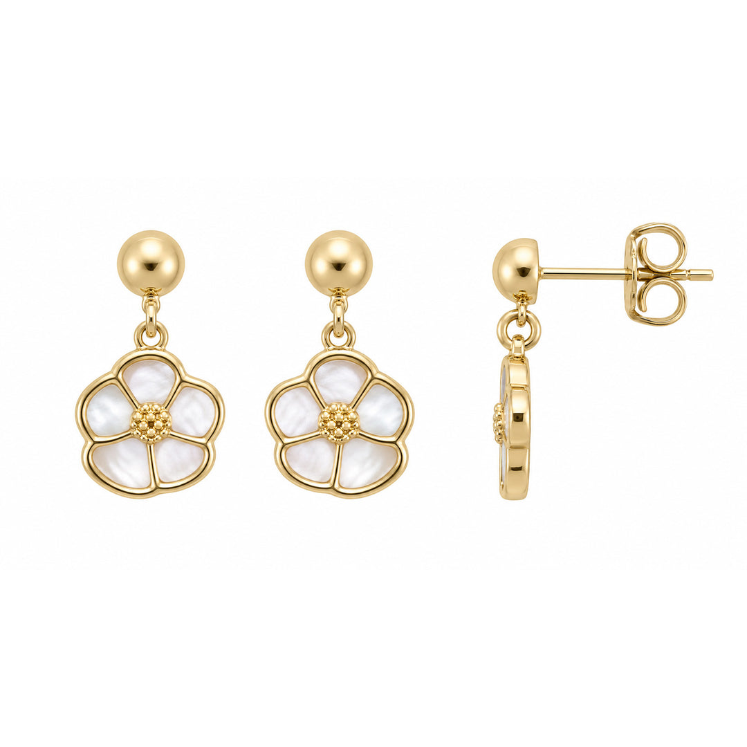 9K Yellow Gold Mother of Pearl Flower Huggie Earrings