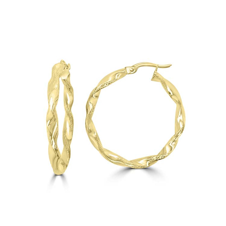 9K Yellow Gold Twisted Hollow Hoop Earrings 25mm | The Jewellery Boutique