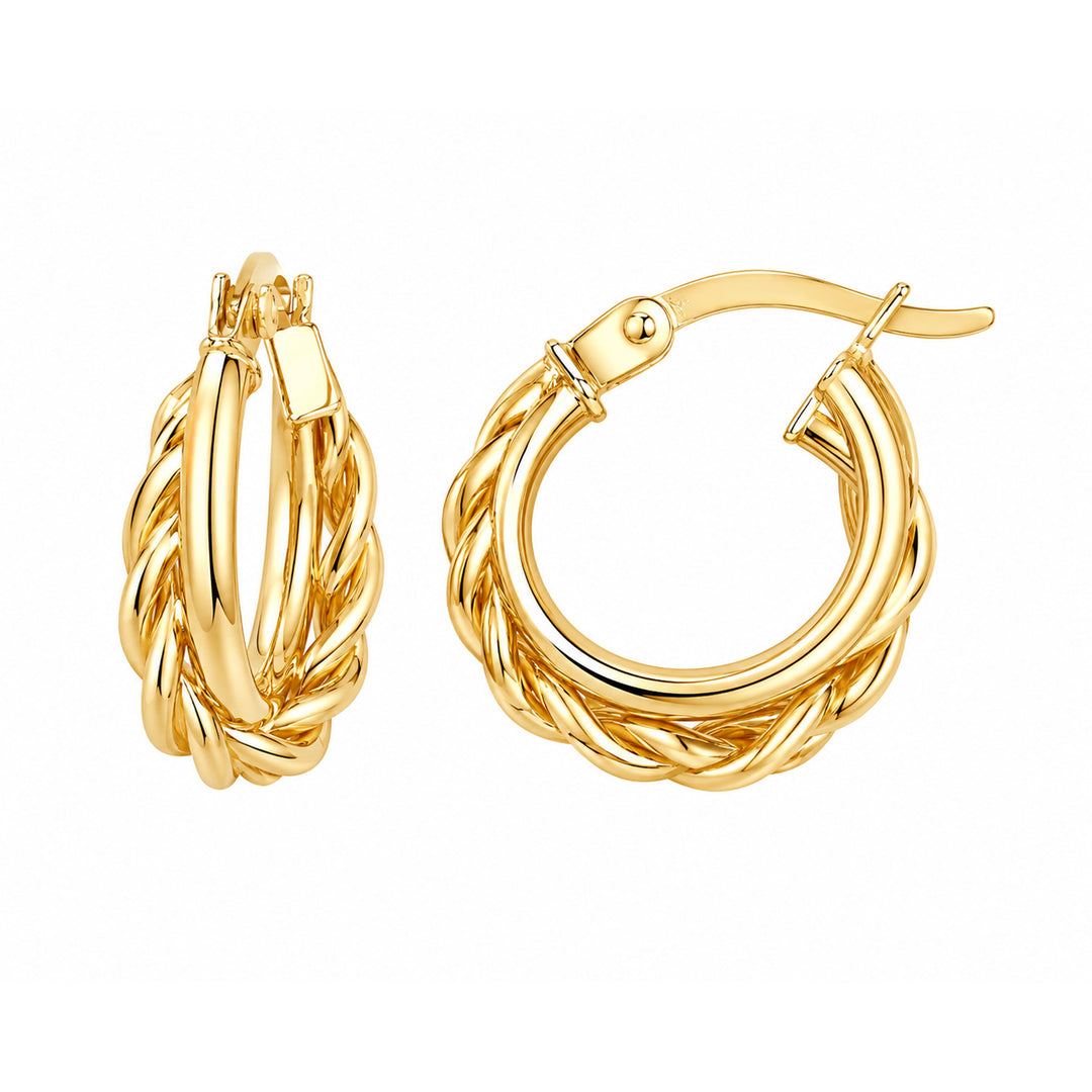 9K Yellow Gold Twist & Plain Crossover Hoop Earrings