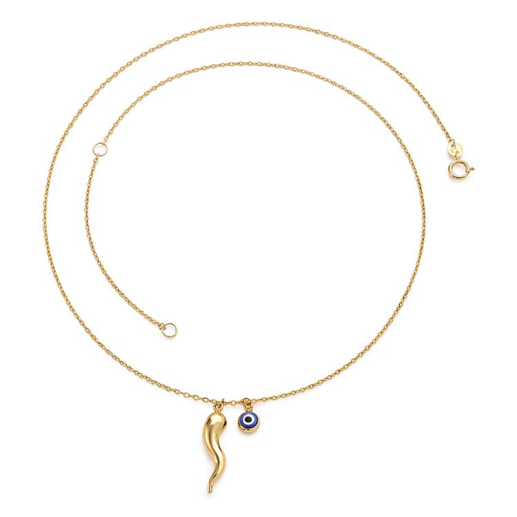 9K Yellow Gold Nazar & Gold Horn Necklace 4-45cm
