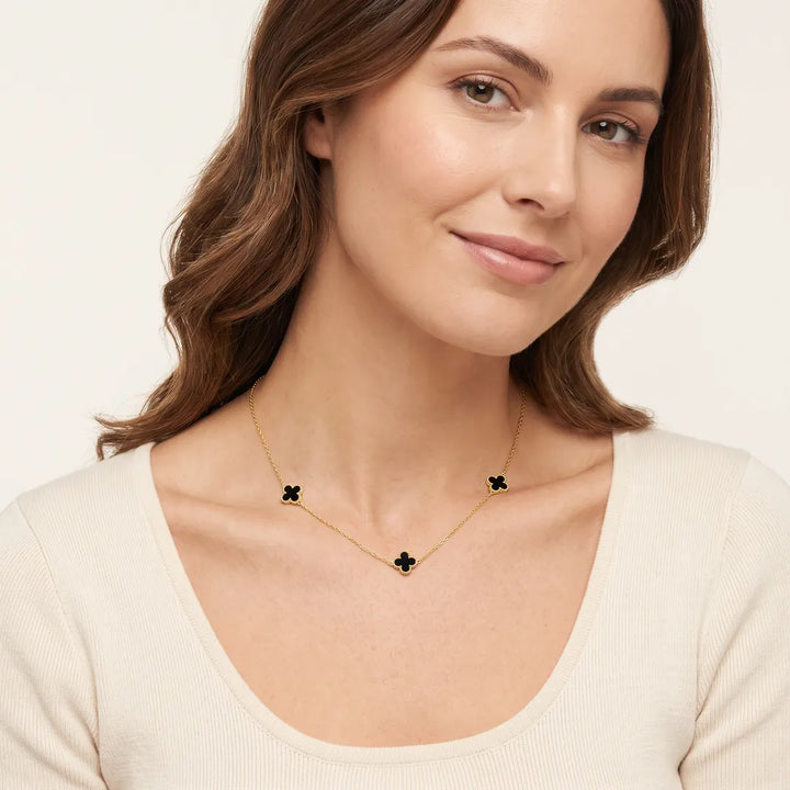 Model wearing 9K Yellow Gold Black Onyx Clover Necklace 45cm