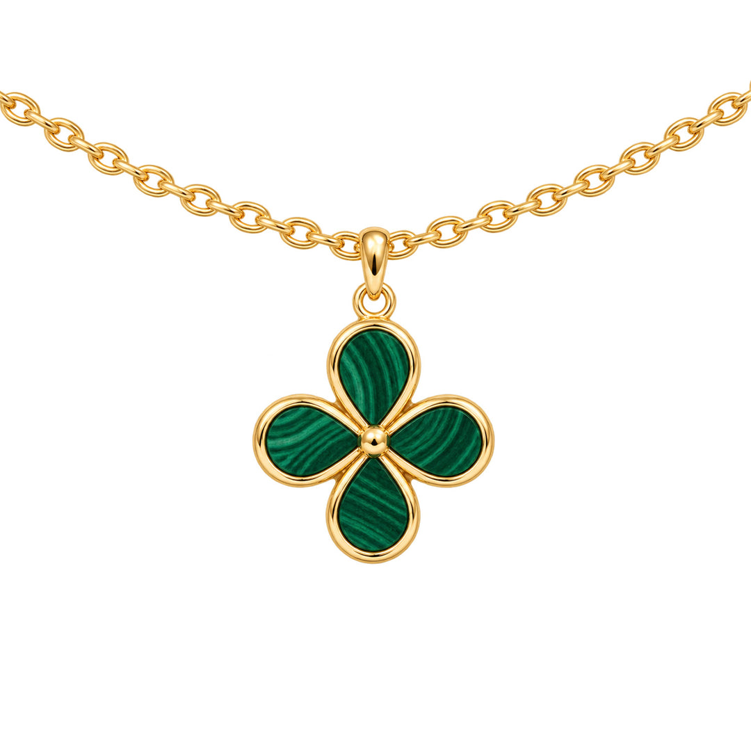 9K Yellow Gold Malachite Clover Necklace 45-50cm