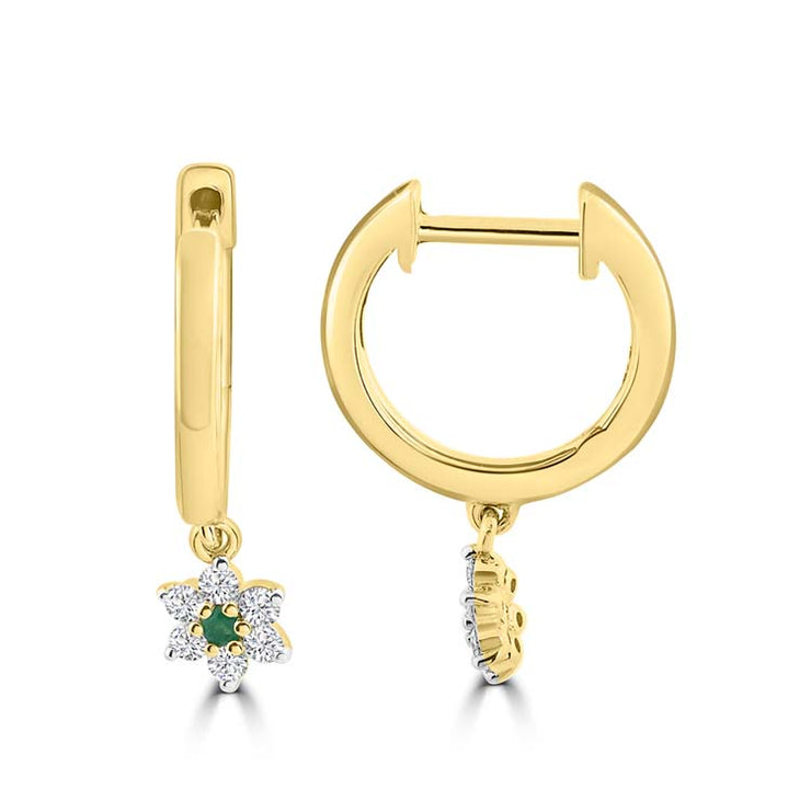 Diamond, Emerald Hoop Earrings with 0.153ct Diamonds in 9K Yellow Gold | The Jewellery Boutique