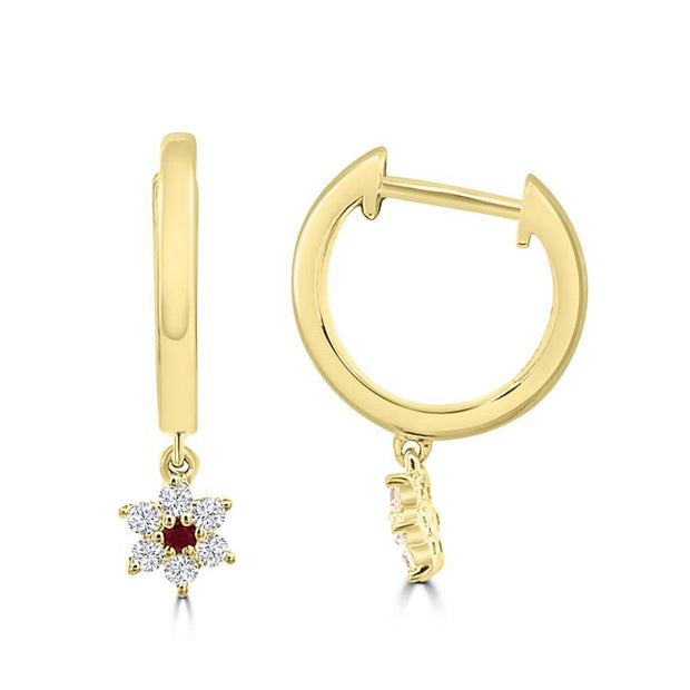 Diamond, Ruby Hoop Earrings with 0.153ct Diamonds in 9K Yellow Gold | The Jewellery Boutique