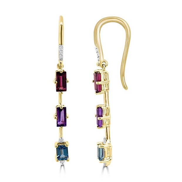 Diamond, Rhodolite, Amethyst, London Blue Topaz Drop Earrings with 0.05ct Diamonds in 9K Yellow Gold | The Jewellery Boutique