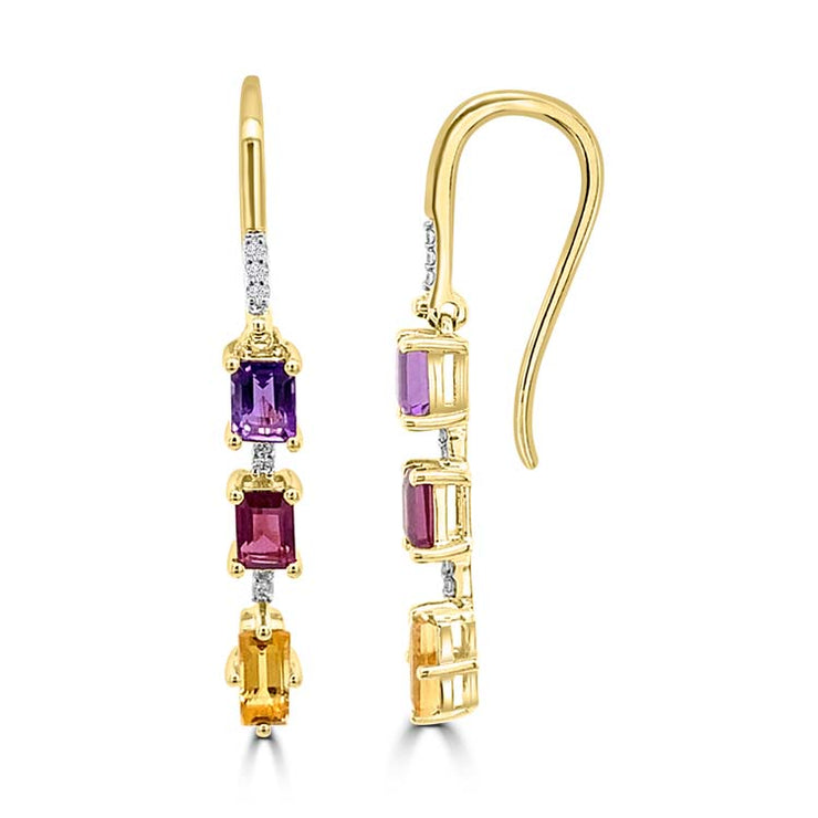 Diamond, Amethyst, Rhodolite, Citrine Drop Earrings with 0.05ct Diamonds in 9K Yellow Gold | The Jewellery Boutique