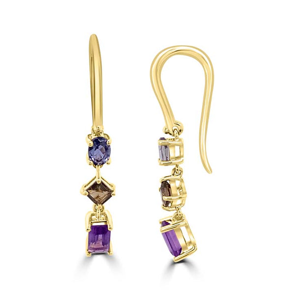 Iolite, Smokey Qtz, Amethyst Drop Earrings in 9K Yellow Gold | The Jewellery Boutique