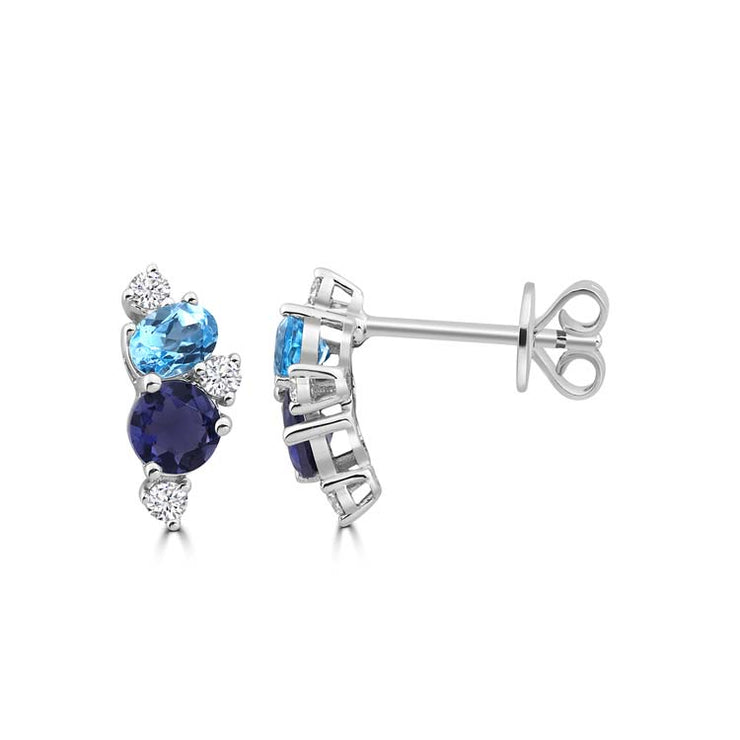 Diamond, Blue Topaz, Iolite Stud Earrings with 0.135ct Diamonds in 9K White Gold | The Jewellery Boutique