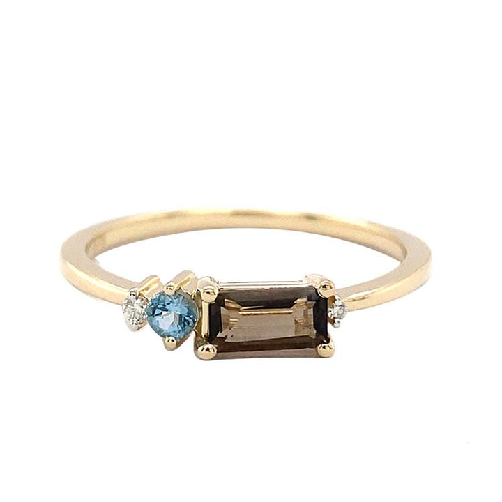 Diamond, Smoky Quartz, Blue Topaz Ring with 0.02ct Diamond in 9K Yellow Gold |The Jewellery Boutique Australia
