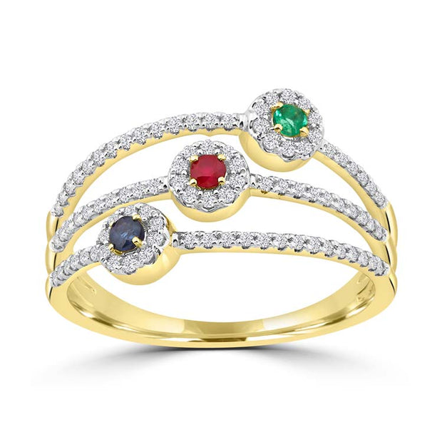 Diamond, Ruby, Emerald, Sapphire Ring with 0.3ct Diamonds in 9K Yellow Gold | The Jewellery Boutique