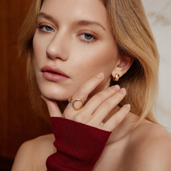 Gold Sparkling Moon and Star Adjustable Ring