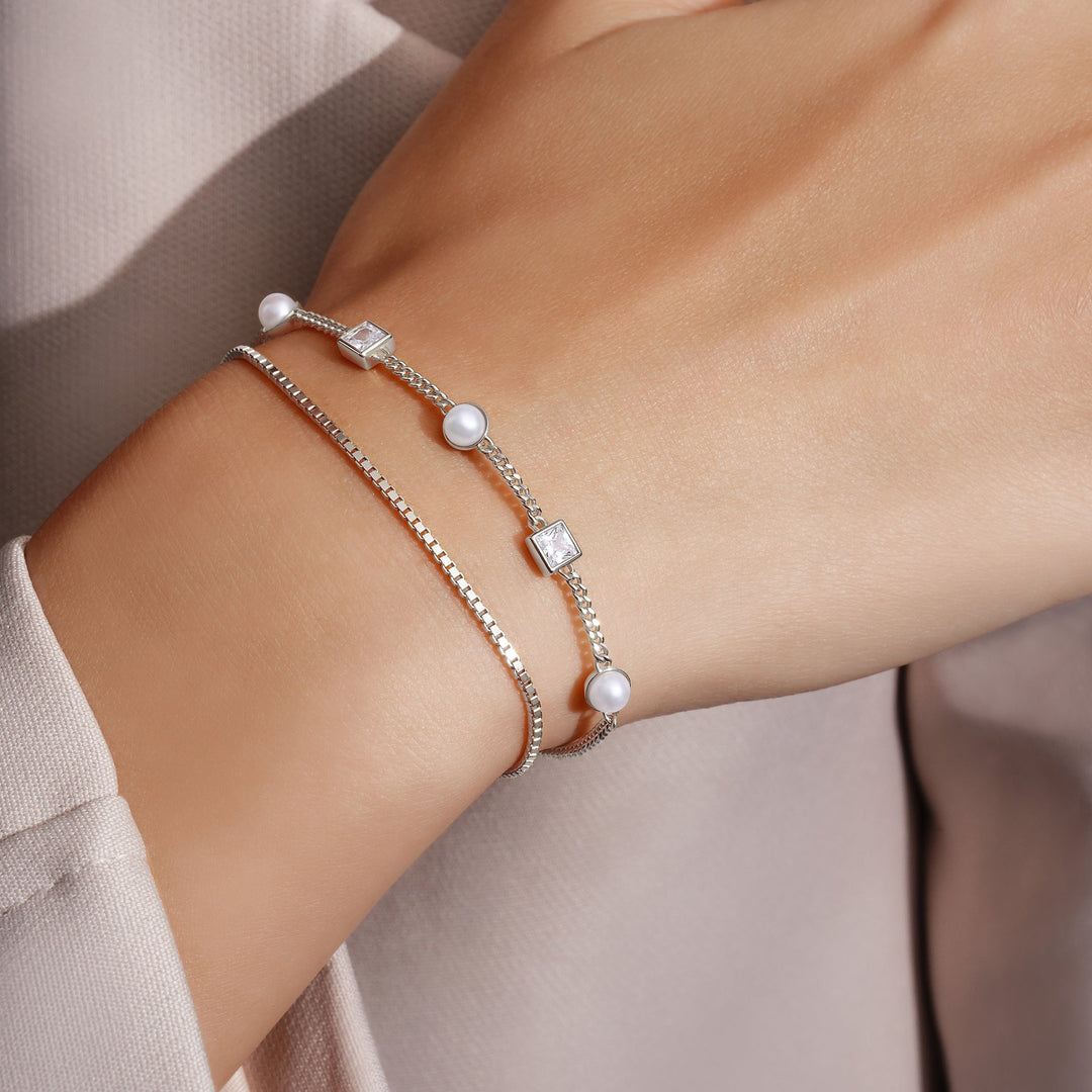 Ania Haie Silver Bezel-Set Cube and Pearl Station Bracelet