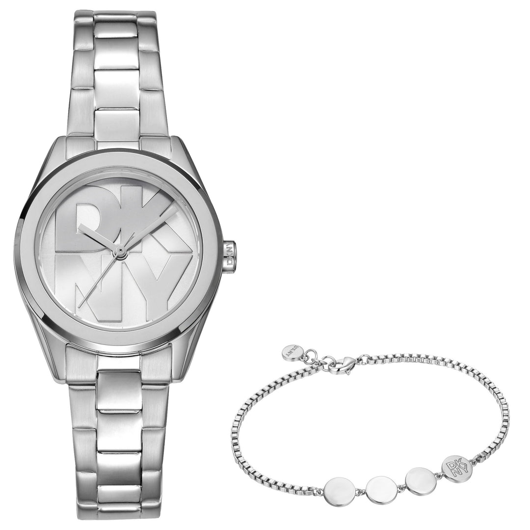 DKNY Logo Silver 28mm Silver Dial Womens Watch + Silver Bracelet
