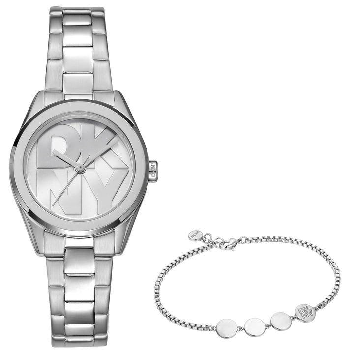 DKNY Logo Silver 28mm Silver Dial Womens Watch + Silver Bracelet