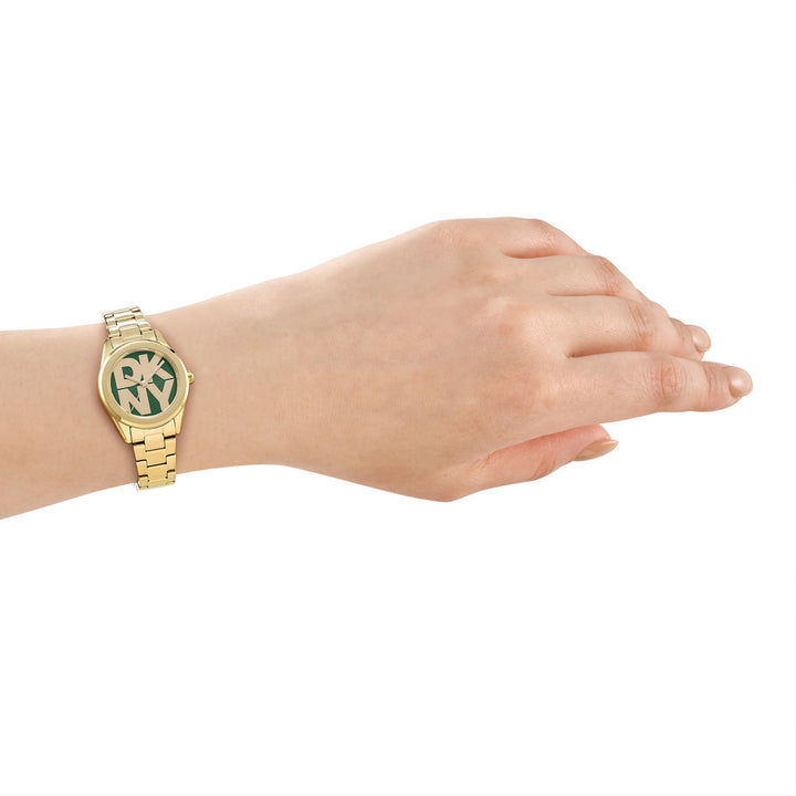 DKNY Logo Gold 28mm Green Dial Womens Watch + Gold Bracelet