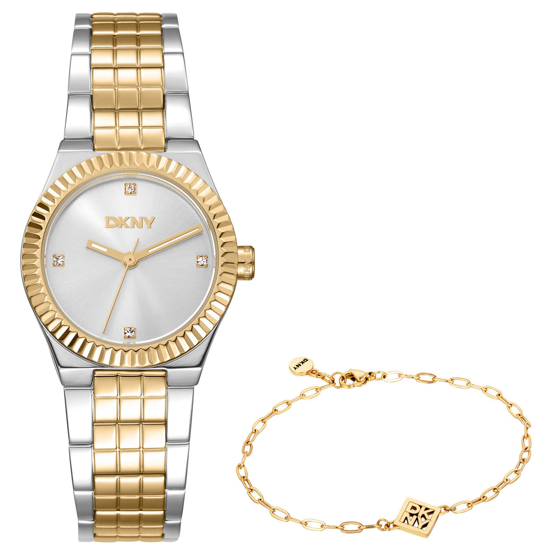 DKNY Essentials Two Tone Stainless Steel 28mm Watch and Gold Stainless Steel Bracelet Set